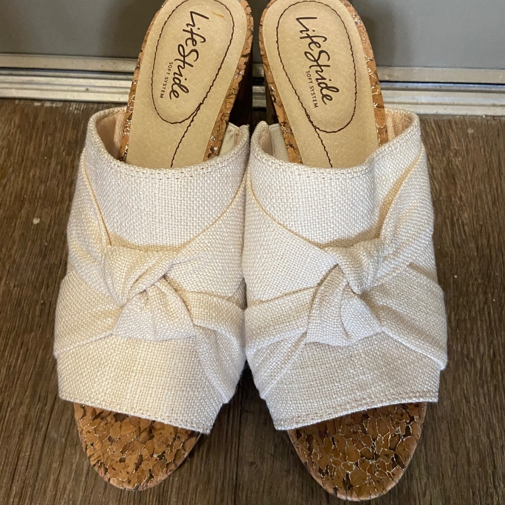 LifeStride Laguna Platform Sandal Slide Tan Linen Sz9